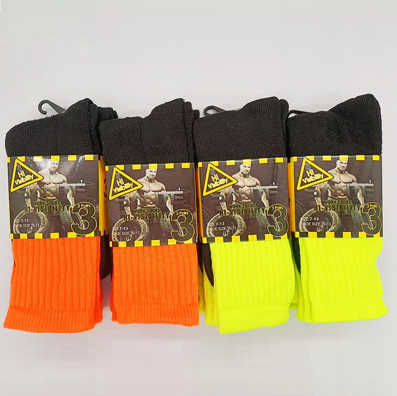 Pair of high visibility safety work socks with cushioning, designed for durability and comfort, from dealonline.co.nz.