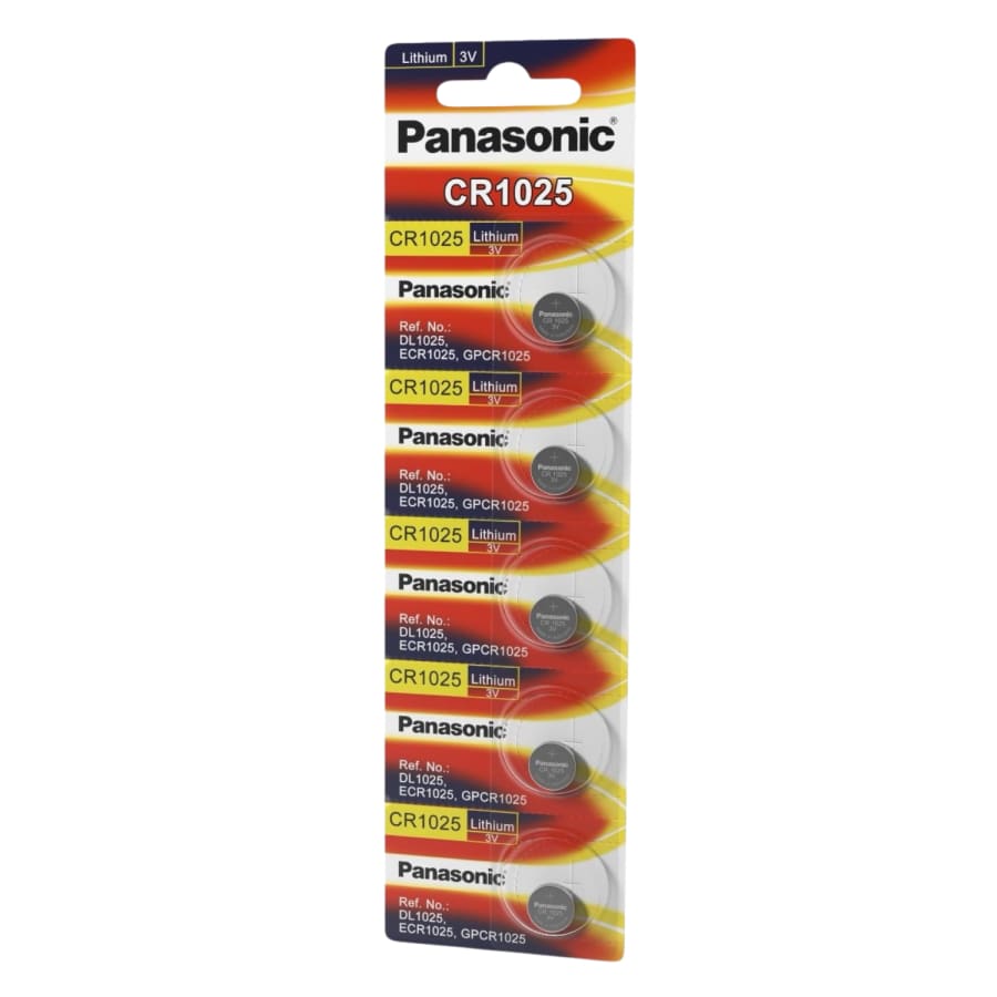 Five Panasonic CR1025 watch batteries in a pack, compact and round with metal contacts, suitable for timepieces.