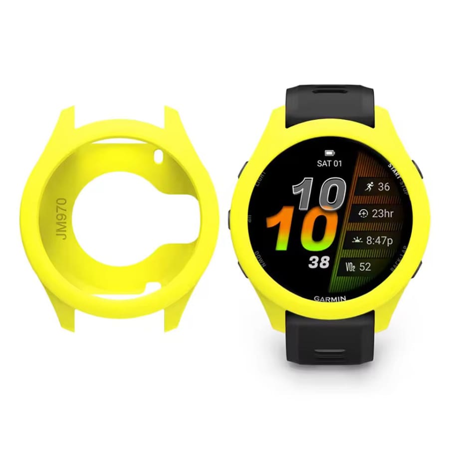 Yellow protective watch case for Garmin Forerunner 970, durable and snug fit, designed to safeguard your smartwatch.