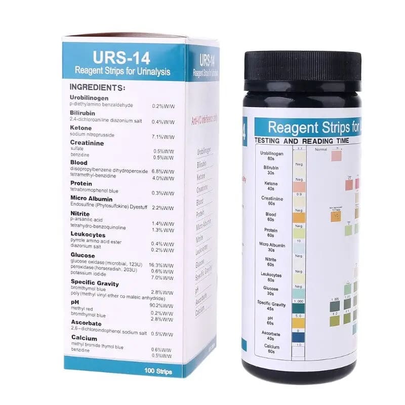 100 URS-14T Urinalysis Reagent Strips by 9eight5 for testing 14 parameters, shown in a close-up of the strip pack and test strips.
