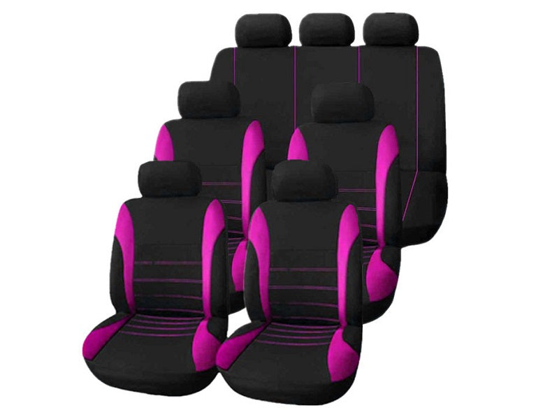Black and pink 13-piece auto seat covers for cars, trucks, SUVs, and vans, made of durable polyester for universal protection.