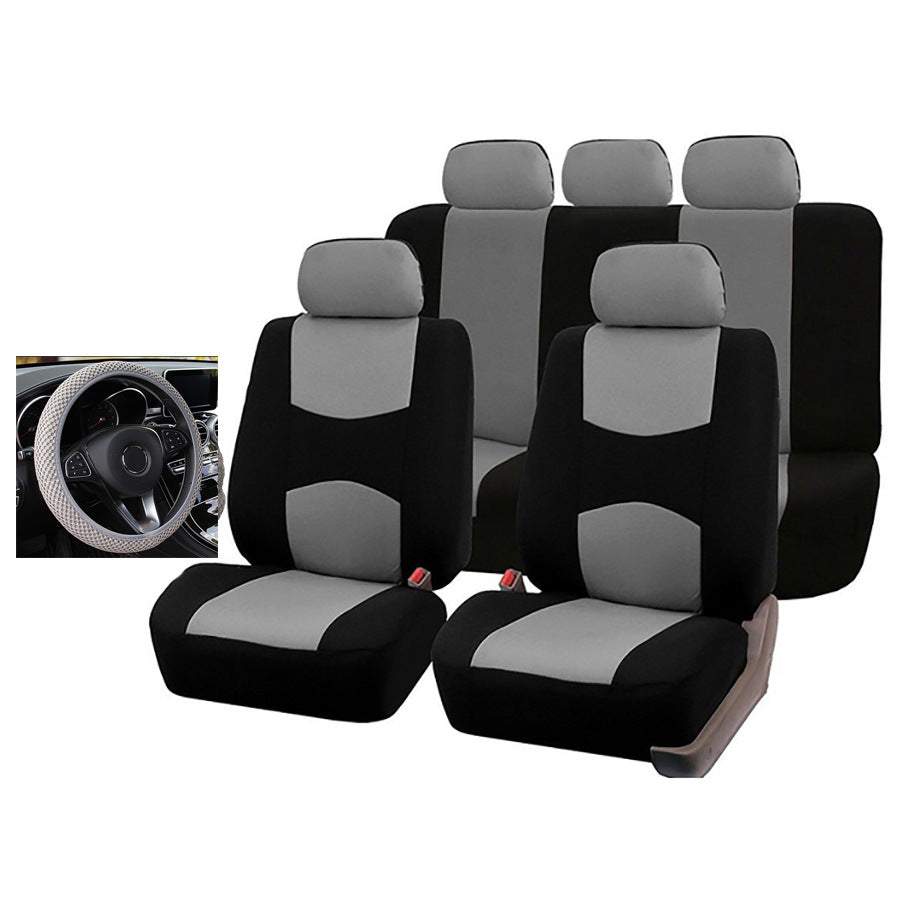 Car seat cover set including front and rear cushion mats with steering wheel cover, made of durable polyester material.