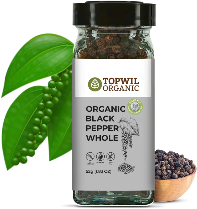Whole organic black pepper in a 52g container, used as a condiment, from livelifestore.co.nz, with black peppercorns visible.
