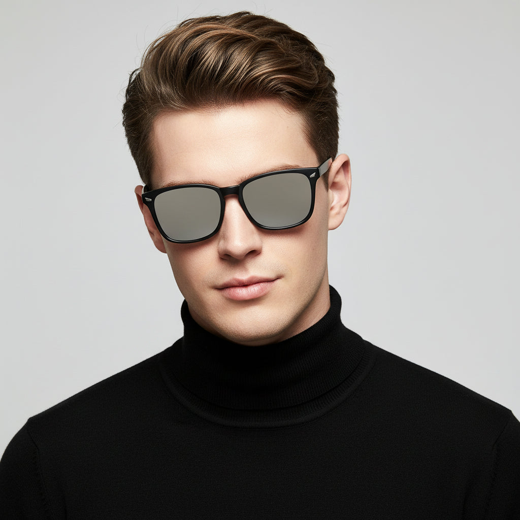 Dealonlinenz HD polarized sunglasses with anti-blue ray lenses and hydrophobic coating, featuring a sleek black frame and tinted lenses.