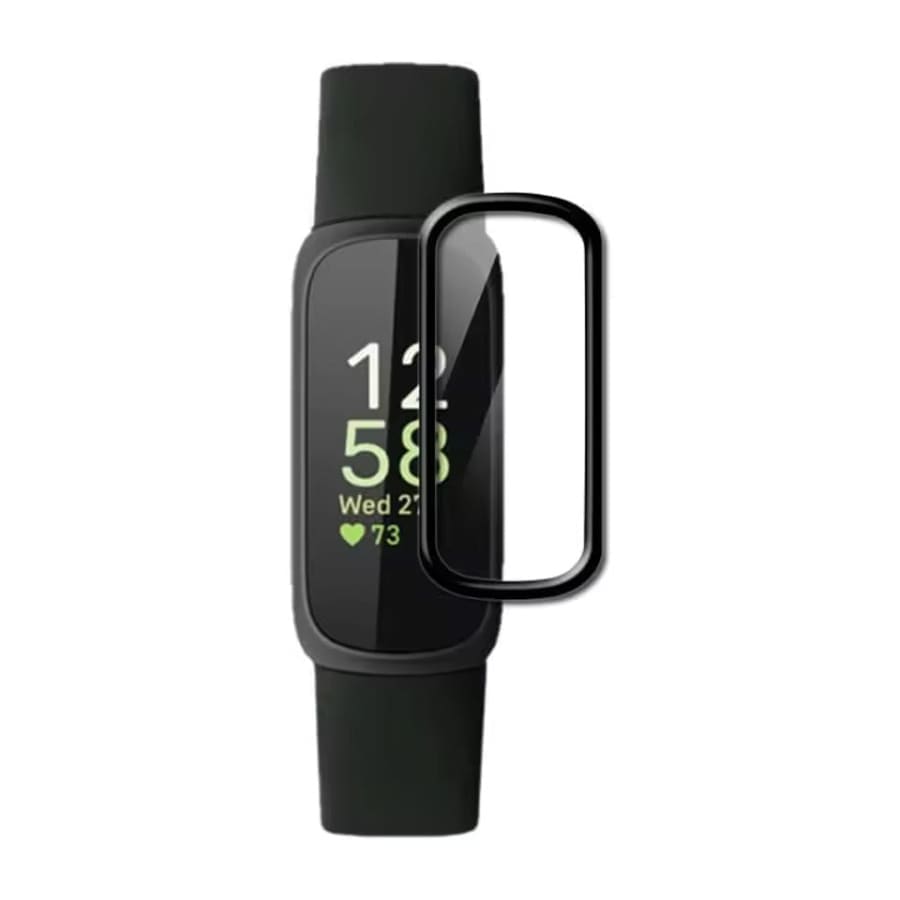 Black Fitbit Inspire 3 screen protector from That Watch Shop shown on a smartwatch display with clear edges and smooth surface.