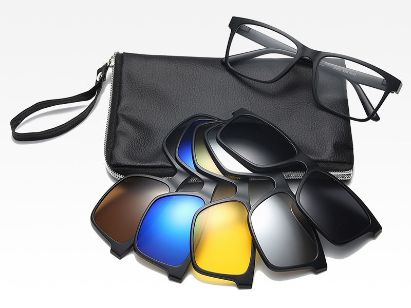 Dealonlinenz polarized sunglasses with changeable color lenses, featuring sleek black frames and reflective lens surfaces.