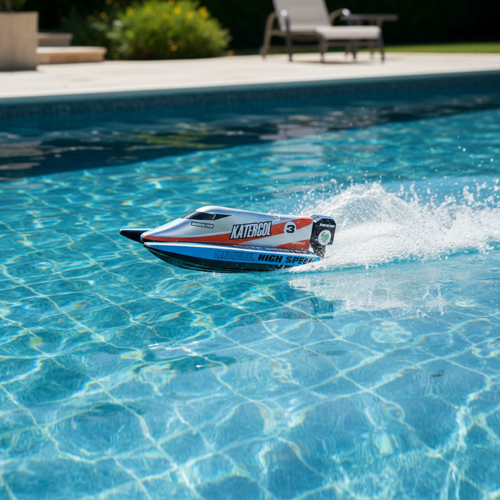 White remote control racing boat by dealonline.co.nz, showing sleek design and water-resistant body for high-speed racing.