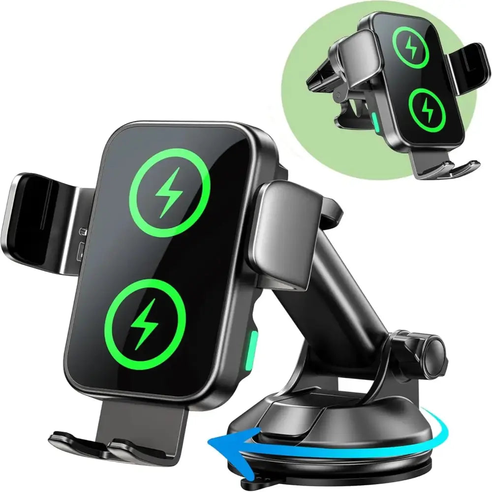 Black 15W wireless car charger phone holder by 9eight5 Habicare, designed to securely hold and charge smartphones in vehicles.