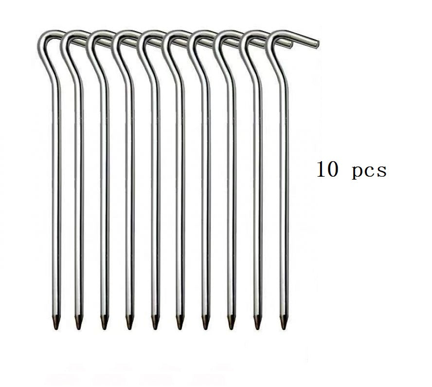 Set of 10 aluminium alloy camping pegs or tent stakes from ECOTREK, ideal for securing tents and outdoor gear.