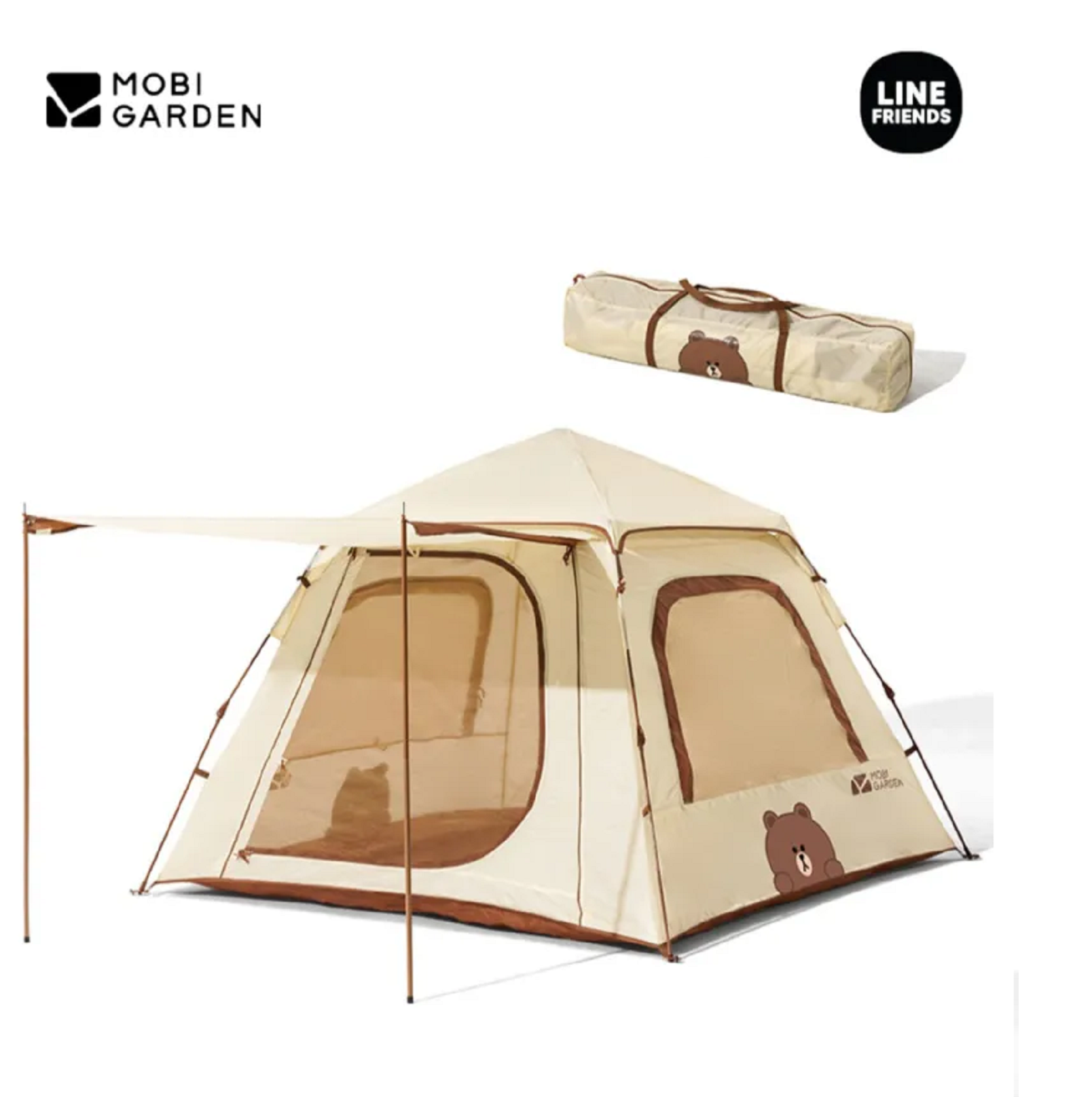 ECOTREK Mobi Garden x LINE FRIENDS Auto Tent for 3-4 people, brown bear design, compact and easy-to-setup camping tent.