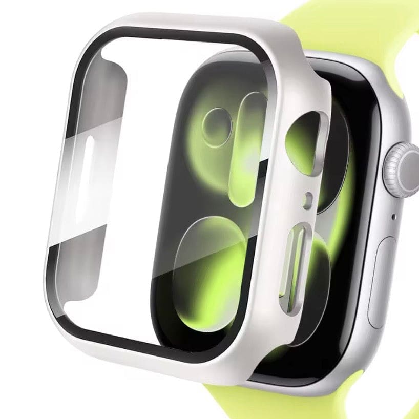 Silver protective case for Apple Watch Series 11 46mm, featuring durable material and precise cutouts for watch buttons and display.