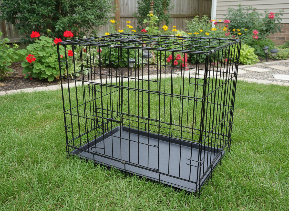 Black 60cm wide collapsible metal pet cage by dealonline.co.nz, suitable for small pets, with sturdy metal bars and foldable design.