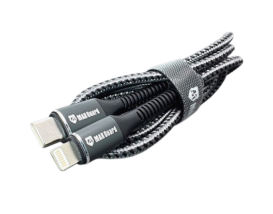 9eight5 Maxguard 1m 20W Type-C to Lightning cable connected to a smartphone, showcasing durable accessories for fast charging and data transfer.