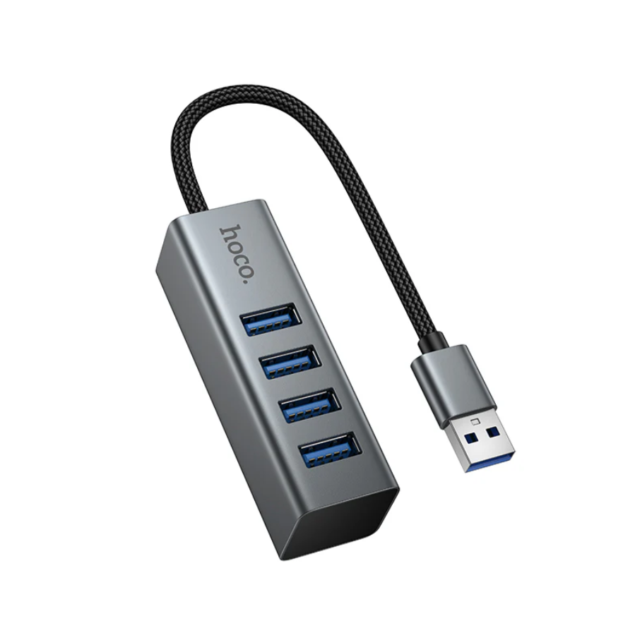 Techplus USB A to 4-port USB 3.0 expansion hub with 5Gbps transfer speeds, shown connected to a computer.