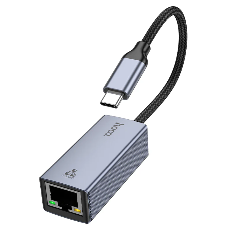 Techplus USB-C to RJ45 Ethernet adapter showing a compact device with Ethernet port for 1000Mbps Gigabit LAN connection.
