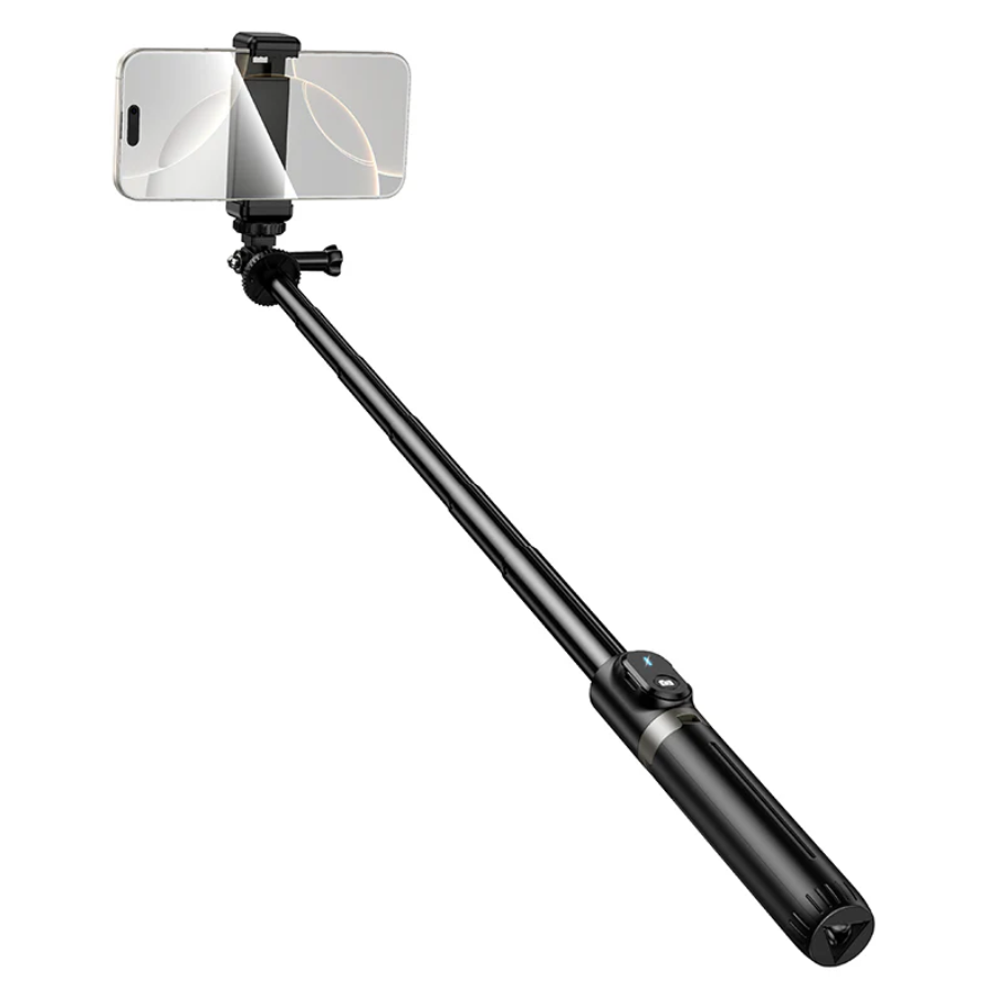 Techplus Bluetooth selfie stick tripod, 95cm with remote, shown in use holding a smartphone for selfies and group photos.