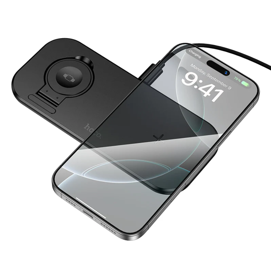 Techplus 15W 3-in-1 wireless charger with ultra-thin aluminum design, charging phone, smartwatch, and earbuds simultaneously.