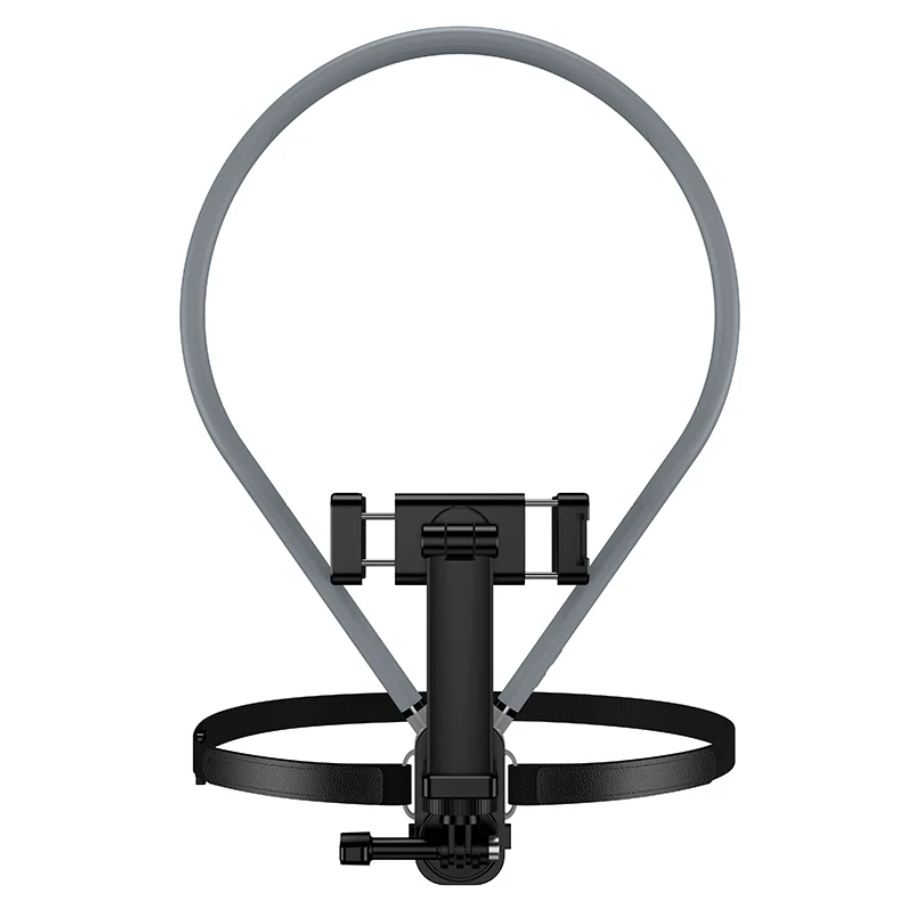 Techplus neck mount phone holder for POV vlogging, showing the adjustable design and smartphone securely attached for hands-free filming.