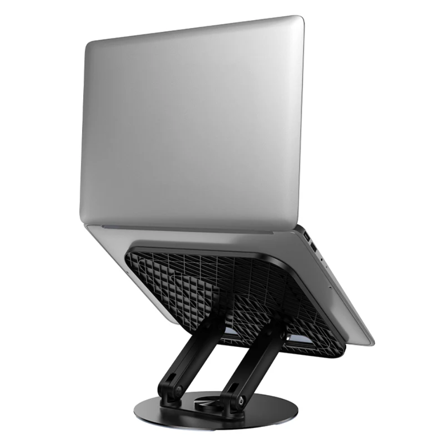 Techplus carbon steel foldable laptop stand with adjustable height and sleek design, suitable for ergonomic workspace setup.