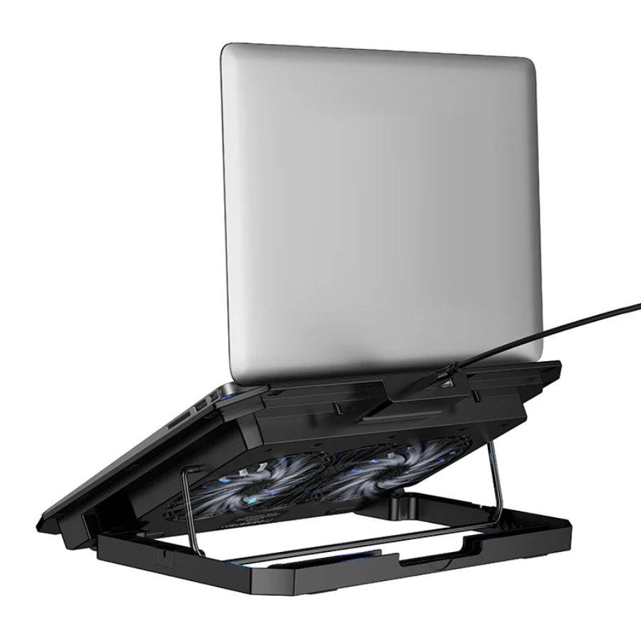 TechPlus adjustable laptop stand with cooling fan, lightweight and ergonomic design for improved airflow and comfort.