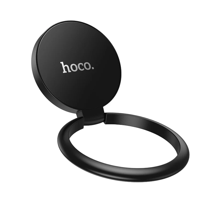 Techplus Hoco metallic foldable ring phone grip stand in black, showing 360° rotation and compact foldable design on a smartphone.