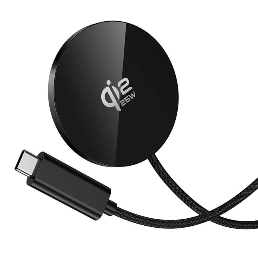Black Hoco 25W Qi2.2 magnetic wireless charger (CW63 Pro) with sleek design and magnetic alignment for fast charging.