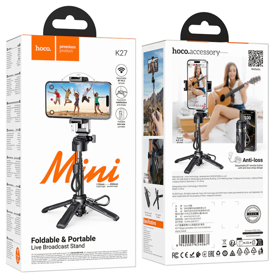 Hoco Mini Bluetooth Selfie Stick Tripod With Remote (K27) techplus
