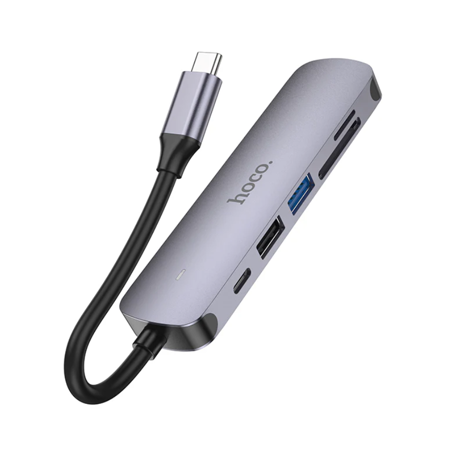 Techplus Hoco PD 100W USB-C 6-in-1 adapter hub with multiple ports and sleek design, ideal for versatile device connectivity.