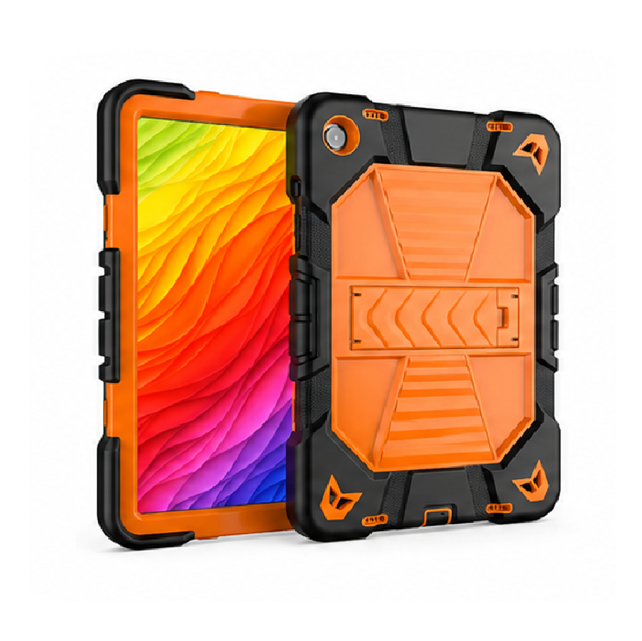 Orange Samsung Galaxy Tab A9 rugged shockproof case with built-in kickstand, designed by TechPlus for durability and protection.