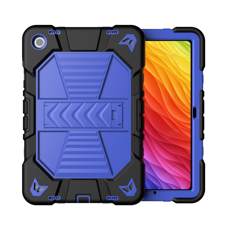 Blue Samsung Galaxy Tab A9 rugged shockproof case with kickstand, designed by TechPlus, showing a durable protective cover.