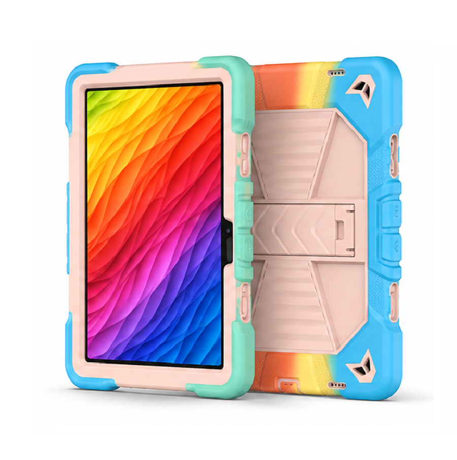 Samsung Galaxy Tab A9 rugged shockproof case with rainbow colors and kickstand by TechPlus, showing the vibrant protective design.