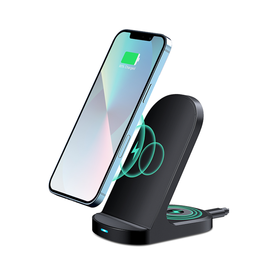 Wireless charger stand by TechPlus with 15W for phones and earbuds, showing a sleek design with devices charging simultaneously.