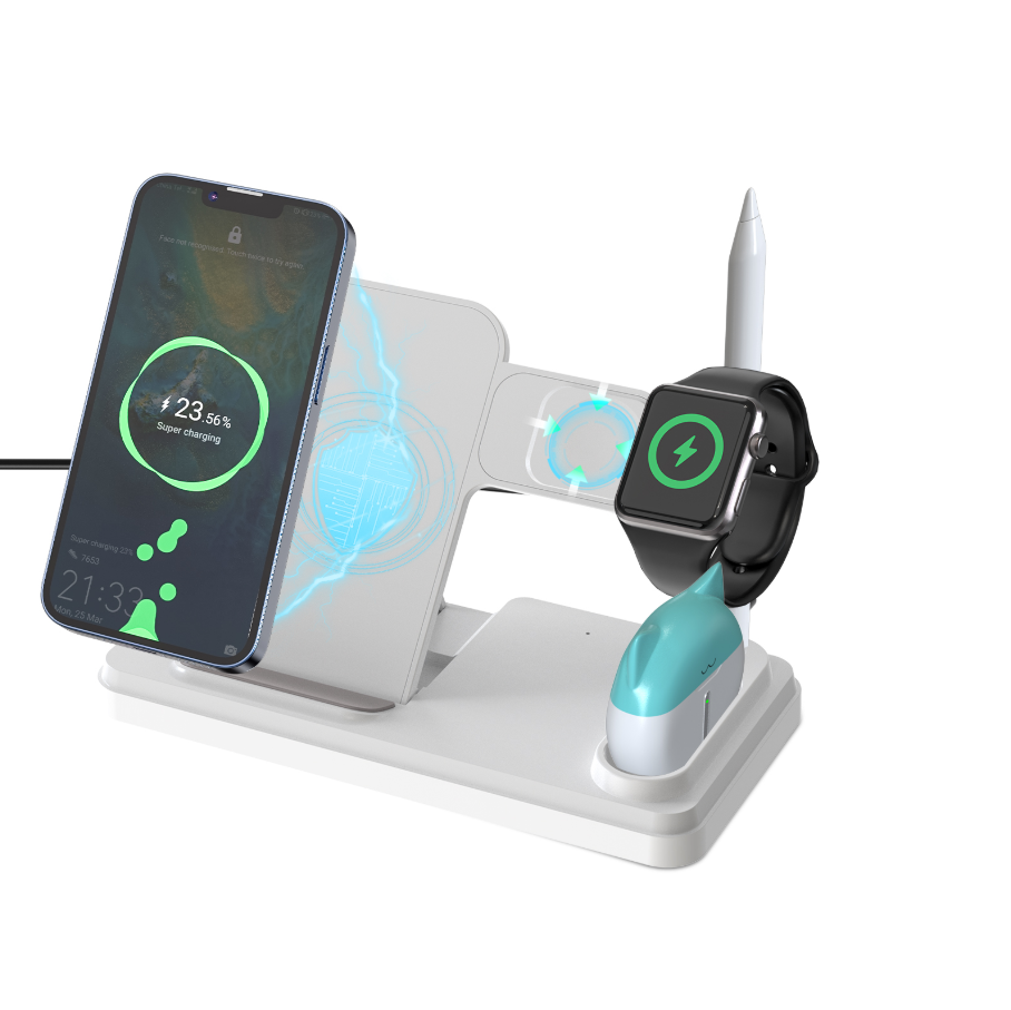 Techplus 4-in-1 wireless charging station with 15W fast charging stand for i-Series devices, featuring multiple charging ports.