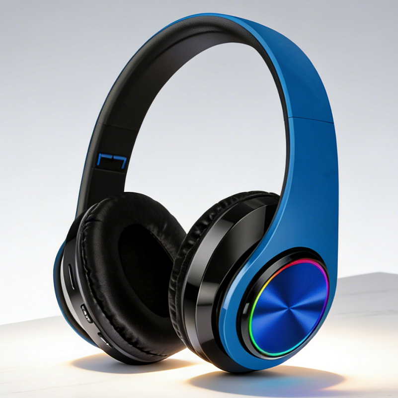 Blue wireless Bluetooth headset with foldable stereo earphones, LED indicator, designed for comfortable listening and portability.
