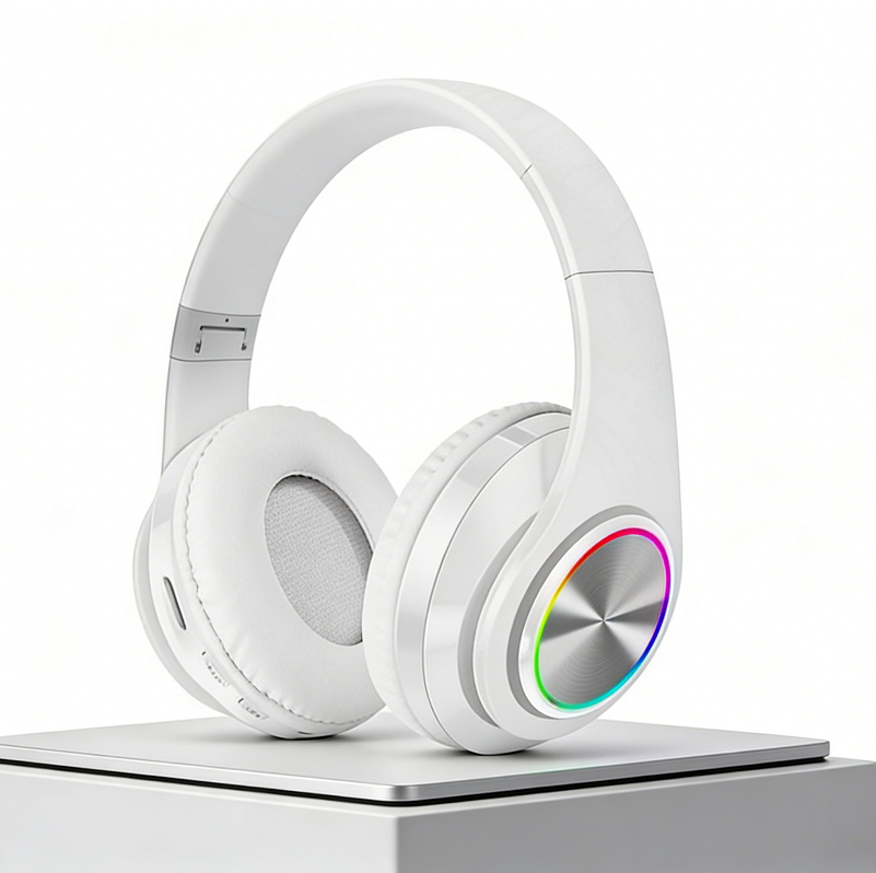 Wireless Bluetooth headset by dealonline.co.nz with foldable stereo earphones, LED indicator, and sleek white design.