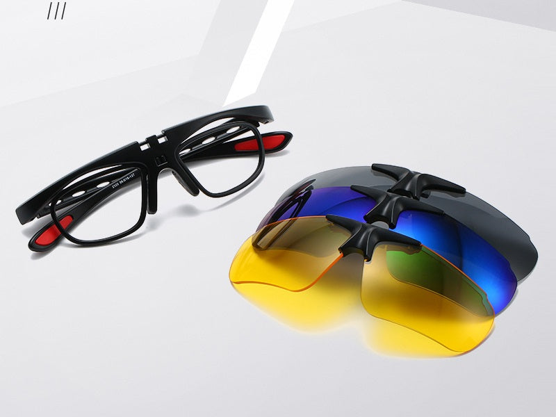 Dealonlinenz polarized sunglasses with changeable color lenses, showcasing a stylish frame and multi-colored lens options.