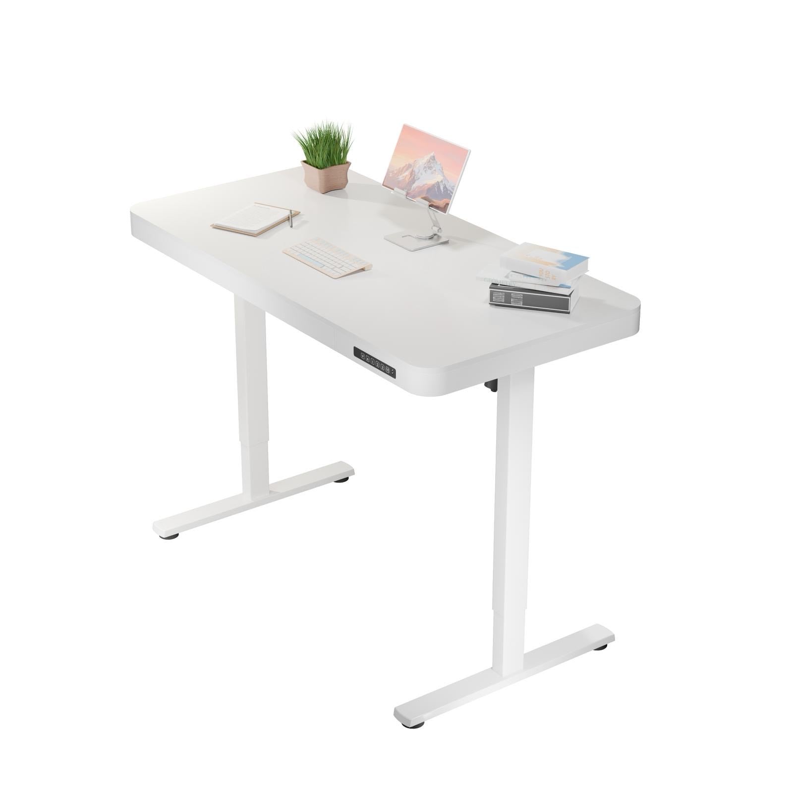 White Sue-E Furniture ErgoLift single motor sit-stand computer desk with drawer, 1.2m length, showcasing its modern design and adjustable height.