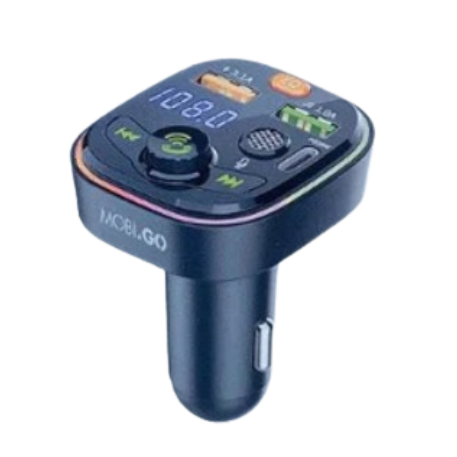 9eight5 Mobigo PD 20W FM MP3 car charger plugged into vehicle power outlet, with USB and FM transmitter features.