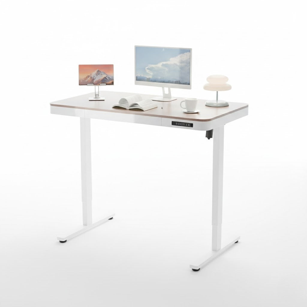 Maple ErgoLift single motor sit-stand computer desk with drawer, 1.2m length, modern design, by sue-e furniture.