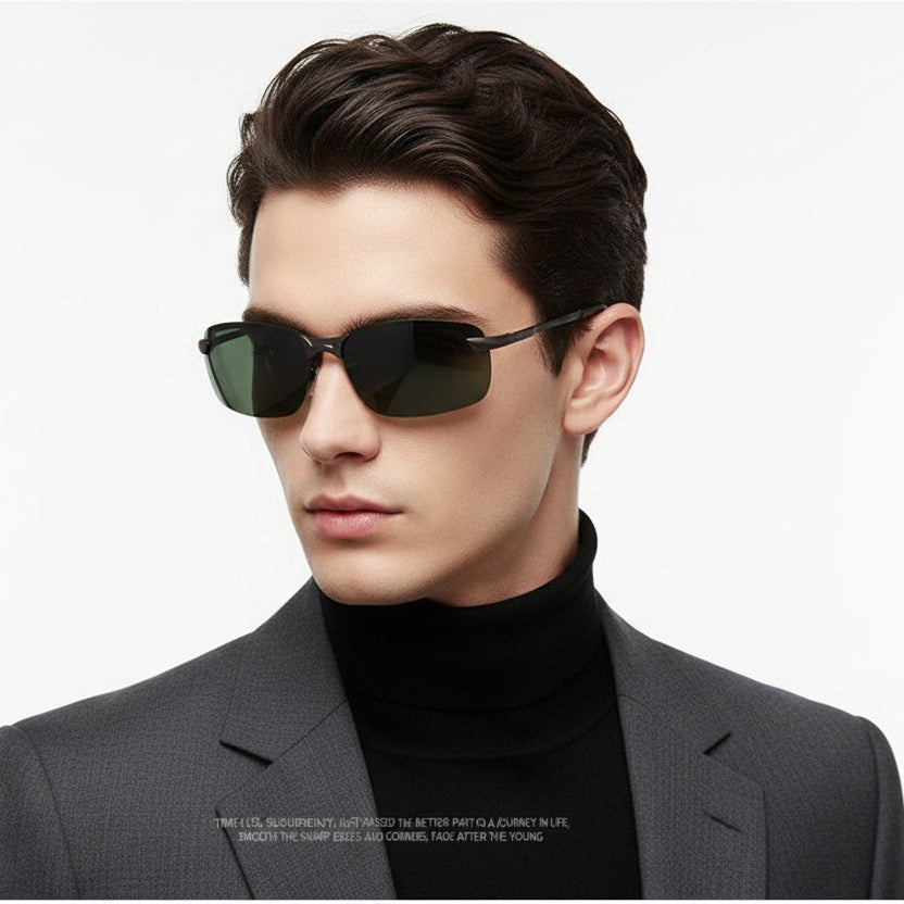 Dealonlinenz sunglasses with green polarized lenses, anti-reflective and hydrophobic coating, showcasing stylish design.