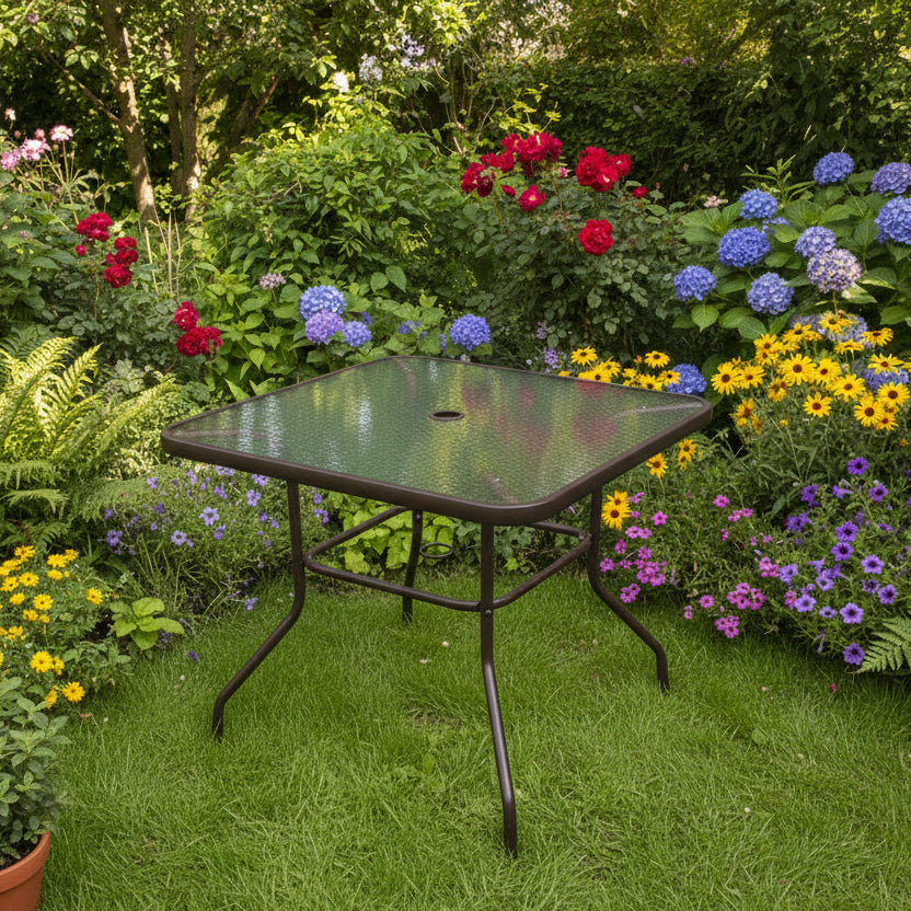 Square garden table with 80cm tempered glass top by dealonlinenz, featuring a sturdy metal frame for outdoor use