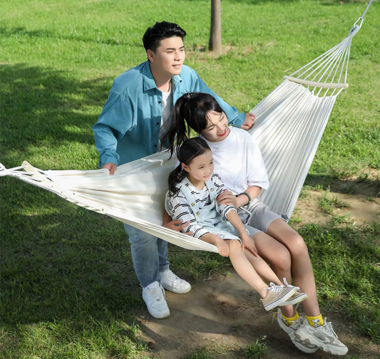 ECOTREK Single Reinforced Anti-Tip Hammock with sturdy construction and reinforced fabric, ideal for safe outdoor relaxation.