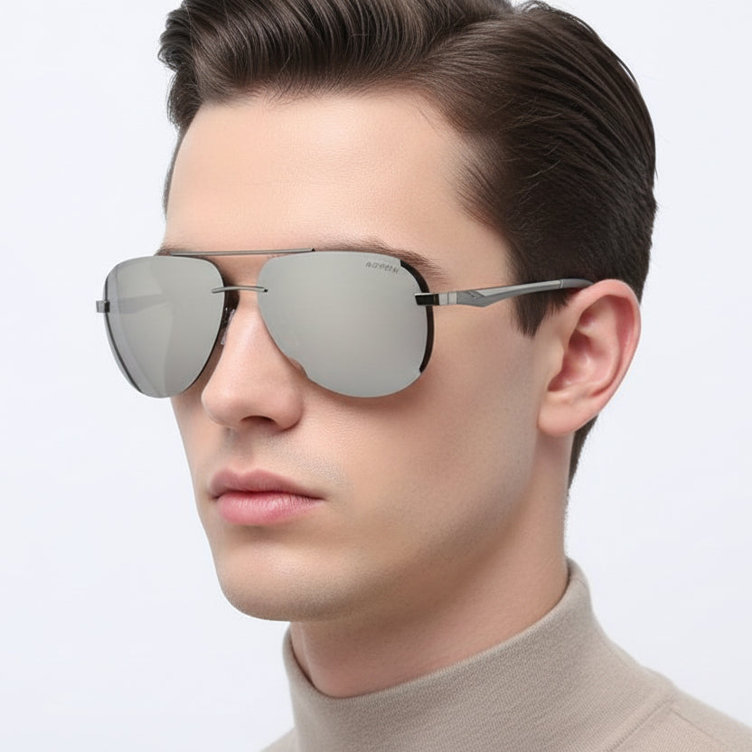 Dealonlinenz HD polarized sunglasses with anti-blue ray hydrophobic lenses, showing sleek black frame and reflective lenses.