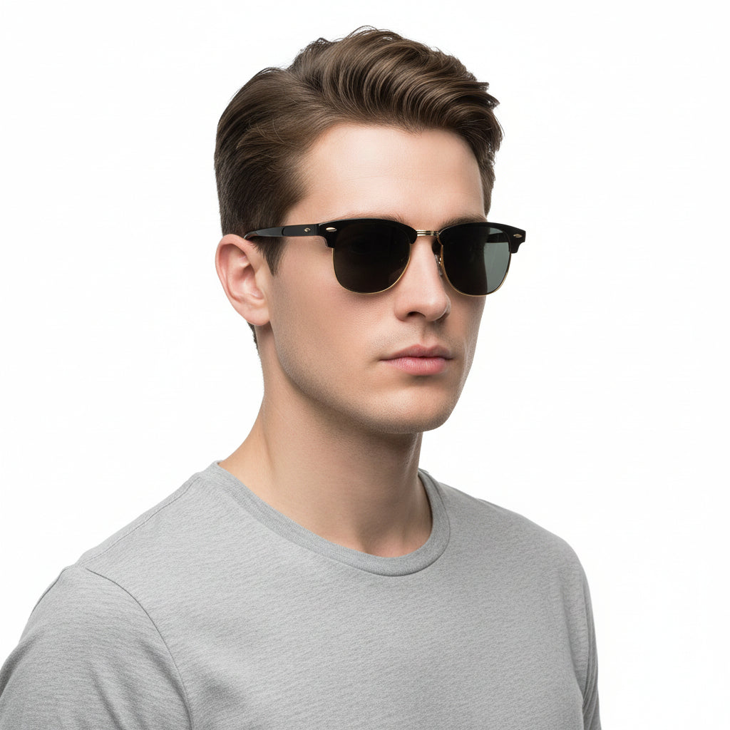 Dealonlinenz HD polarized sunglasses with anti-blue ray hydrophobic lenses, showcasing sleek black frames and reflective lenses.