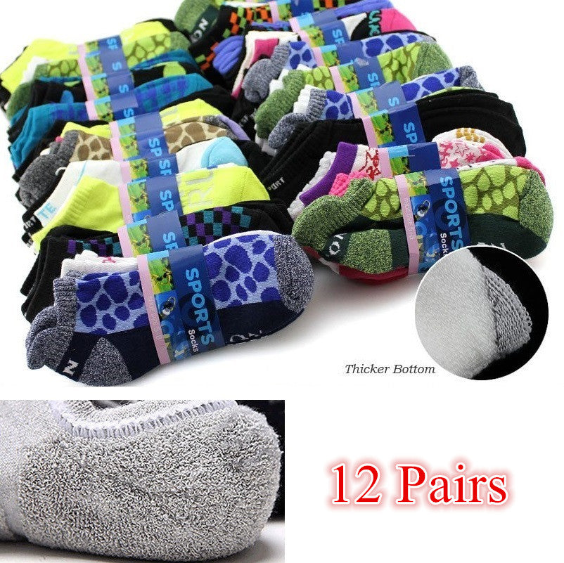 Set of 12 pairs women's sport ankle socks with cushioned soles, ideal for active wear and comfort.