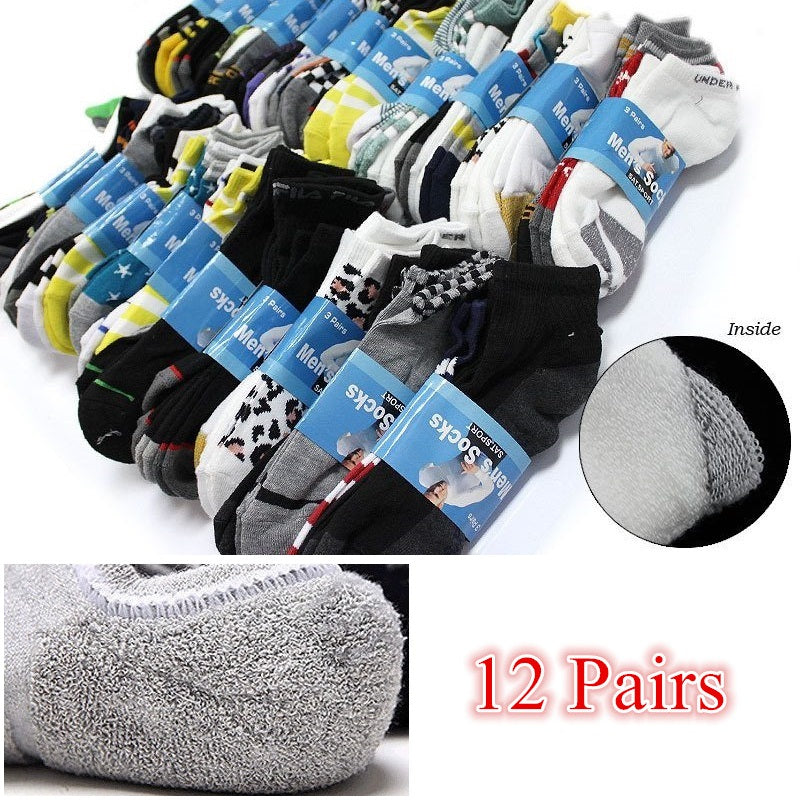 12 pairs of unisex sport cushion ankle socks in various colors, ideal for active wear and everyday comfort.