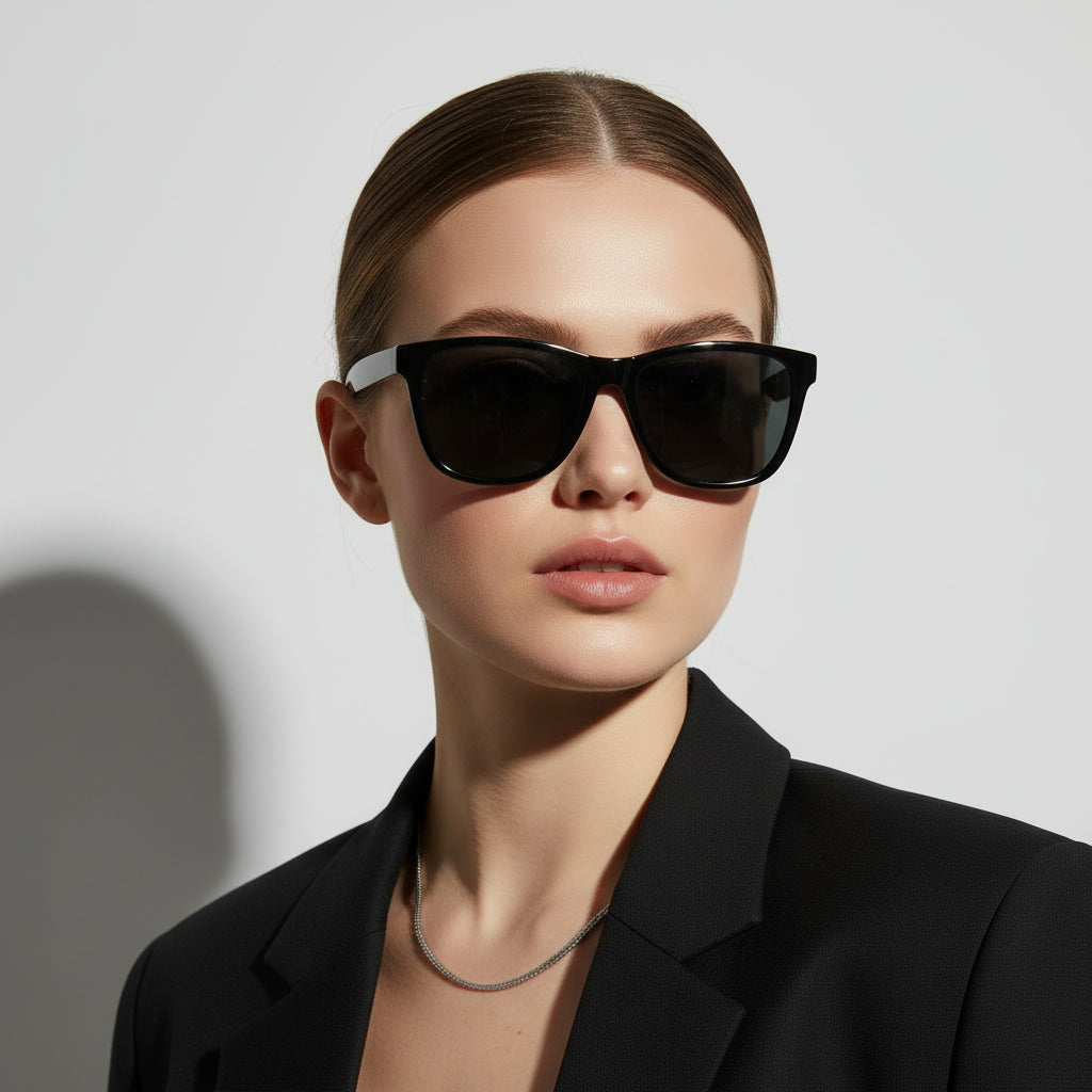 Black sports sunglasses with HD polarized lenses, anti-blue ray coating, hydrophobic finish, designed for active outdoor use.