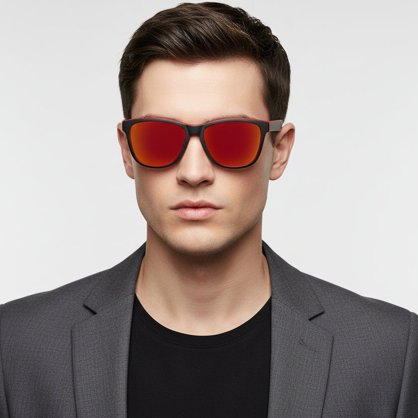 Sport sunglasses with HD polarized lenses, anti-blue ray coating, hydrophobic finish in four colors.