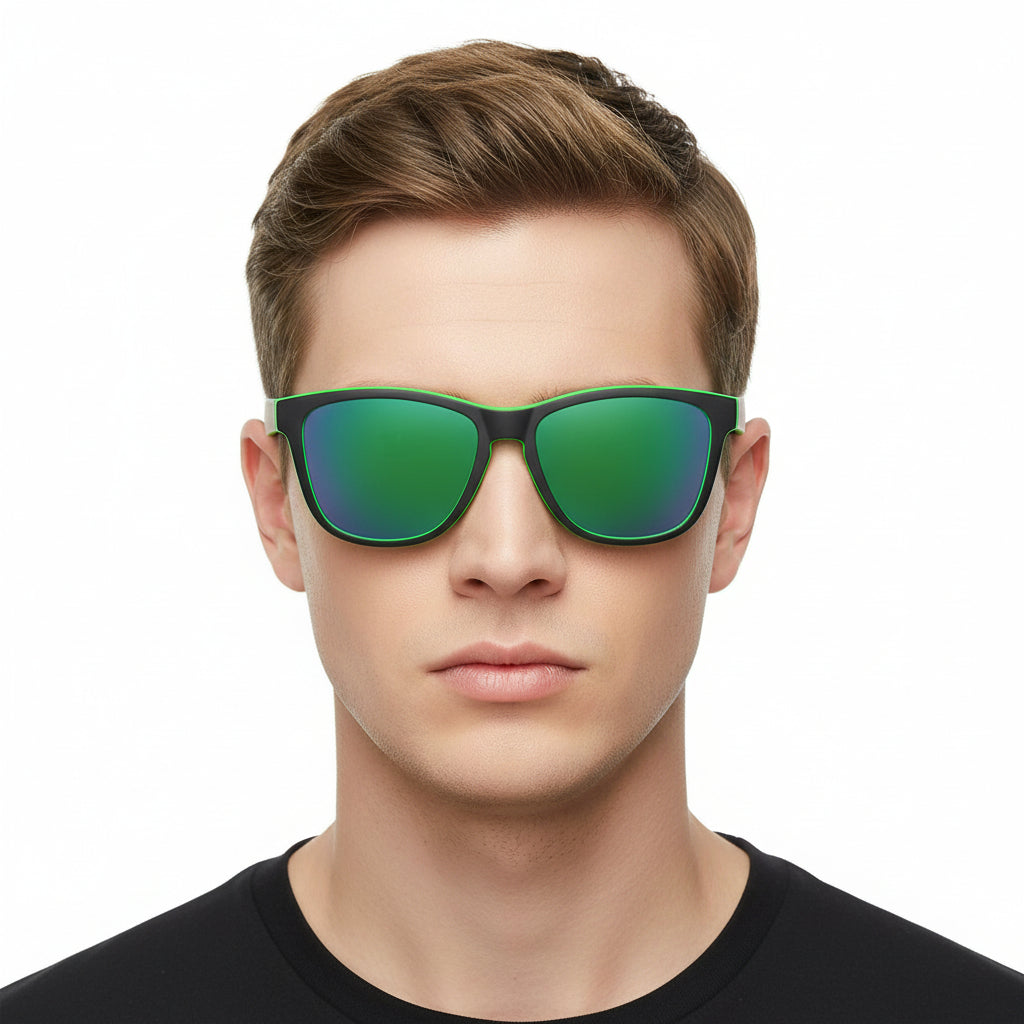 Sport sunglasses with HD polarized lenses, anti-blue ray coating, hydrophobic finish, available in four colors.