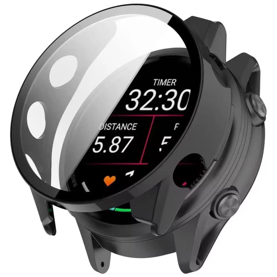Black protective watch case for Garmin Forerunner 570 (42mm), designed by That Watch Shop, showing the sleek, fitted fit on the watch.